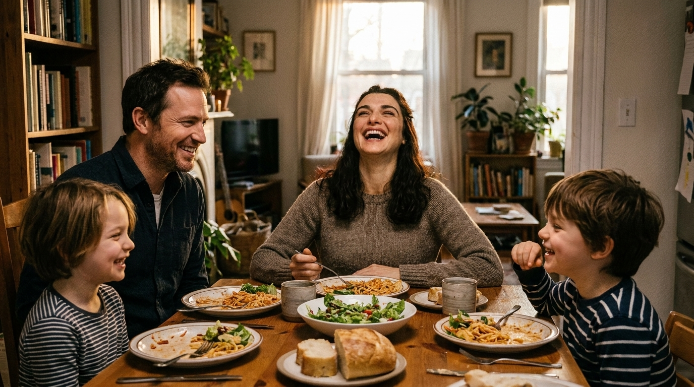 Family dinner, relaxed and present