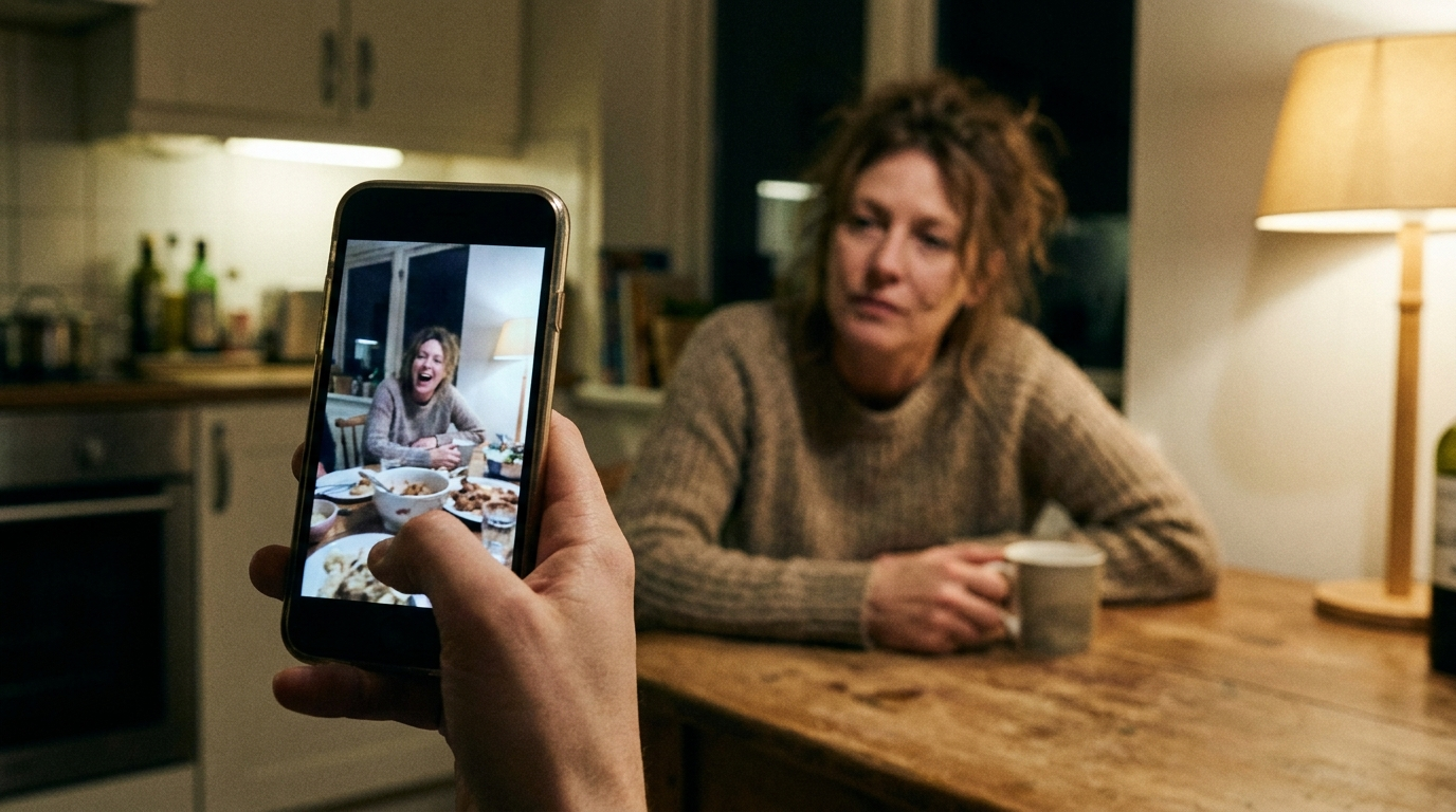 Holding a phone showing a candid dinner photo